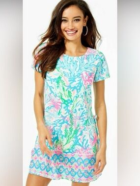Lilly Pulitzer Blanca Stretch Romper Coral Reef Print Blue Pink Green Size 4